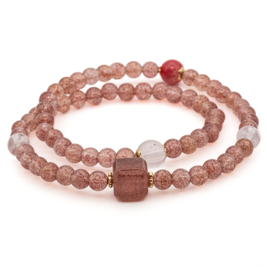 Strawberry Quartz, Rose Quartz, Rhodonite Multi-Loop Bracelet - Love & Harmony