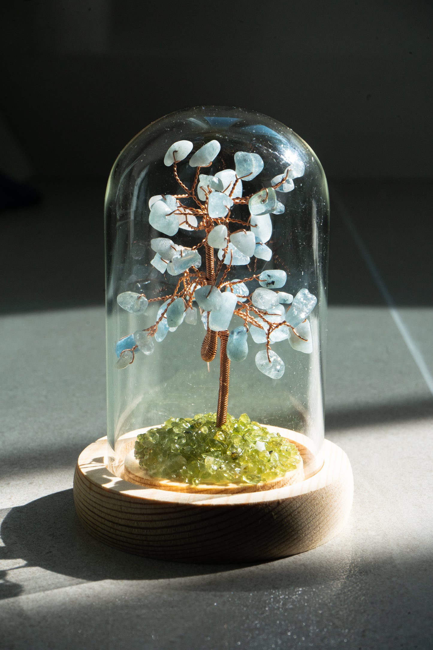 Small blue crystal tree with glass