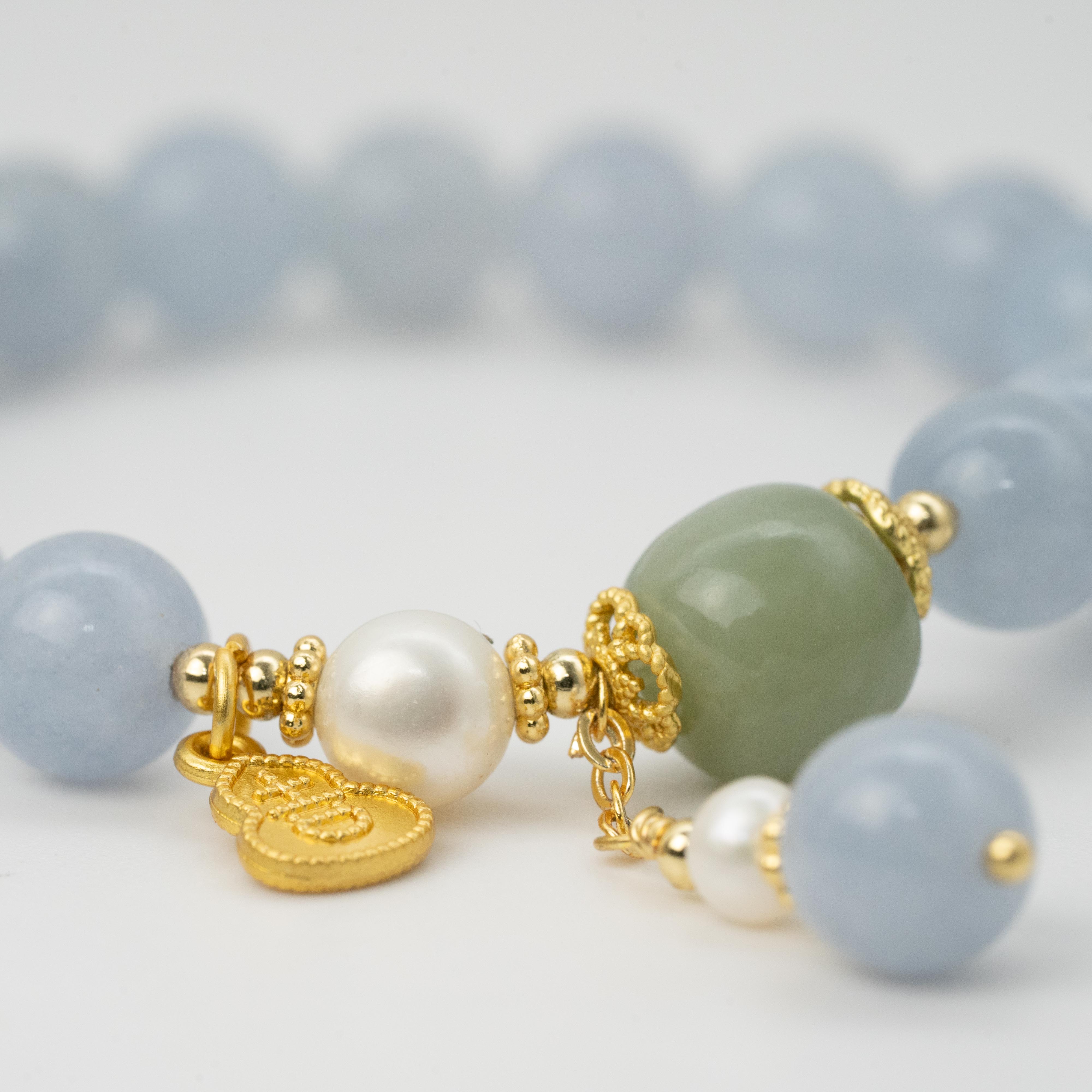 Optimized Aquamarine+Natural Fresh Water Pearl Single-Loop Bracelet Calming