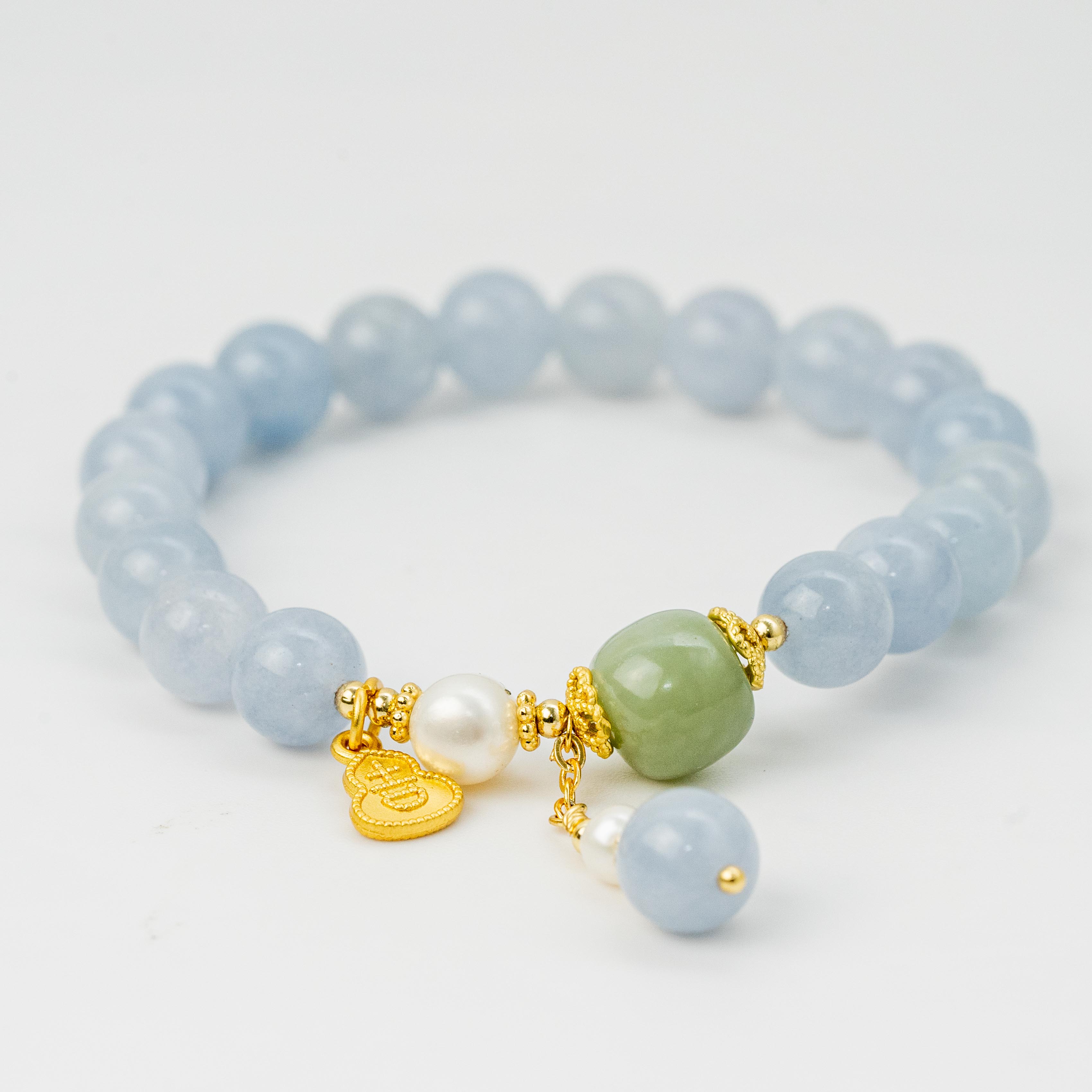 Optimized Aquamarine+Natural Fresh Water Pearl Single-Loop Bracelet Calming