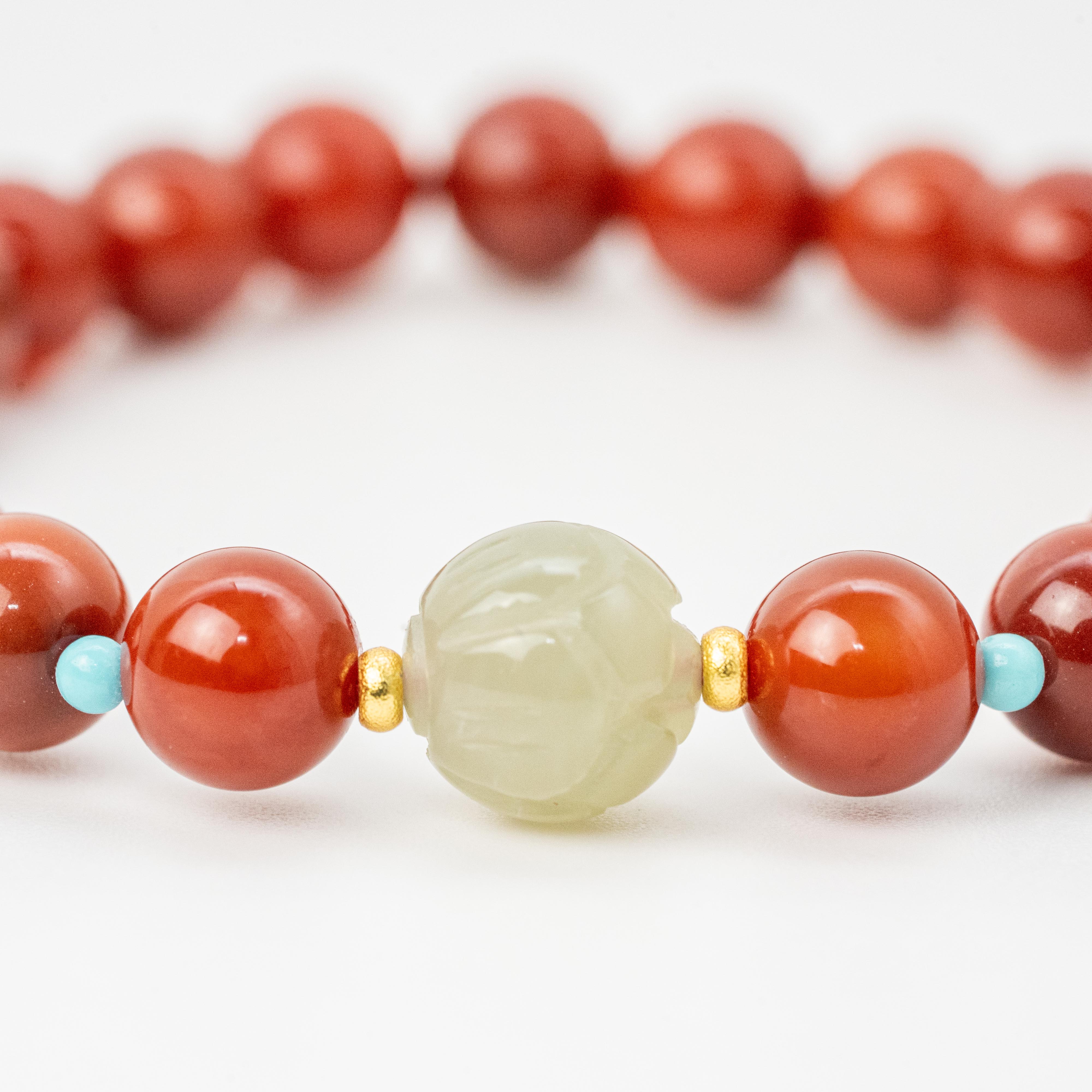 Nanhong Agate+Hetian Jade Single-Loop Bracelet Calming and Soothing