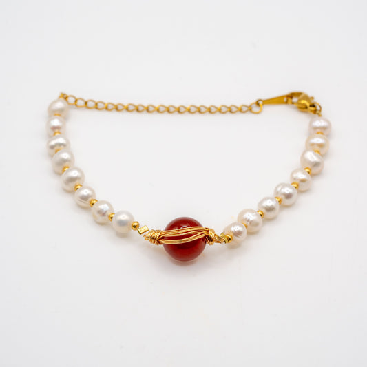 Red Agate & Freshwater Pearl Bracelet