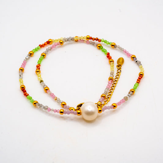 Multicolor Natural Stone & Cat's Eye Bracelet with Freshwater Pearl