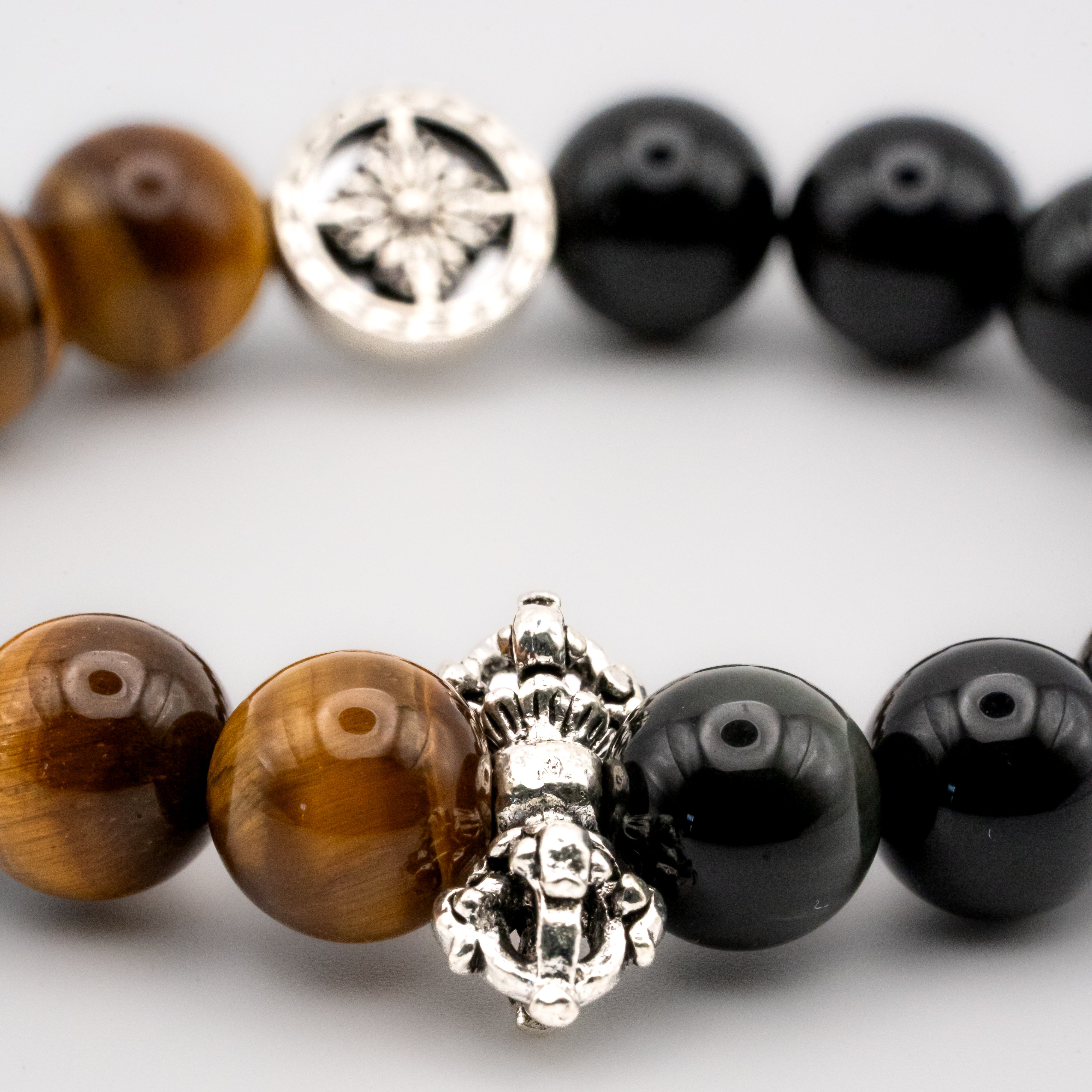 Yellow Tiger Eye and Silver Obsidian Single-loop Bracelet