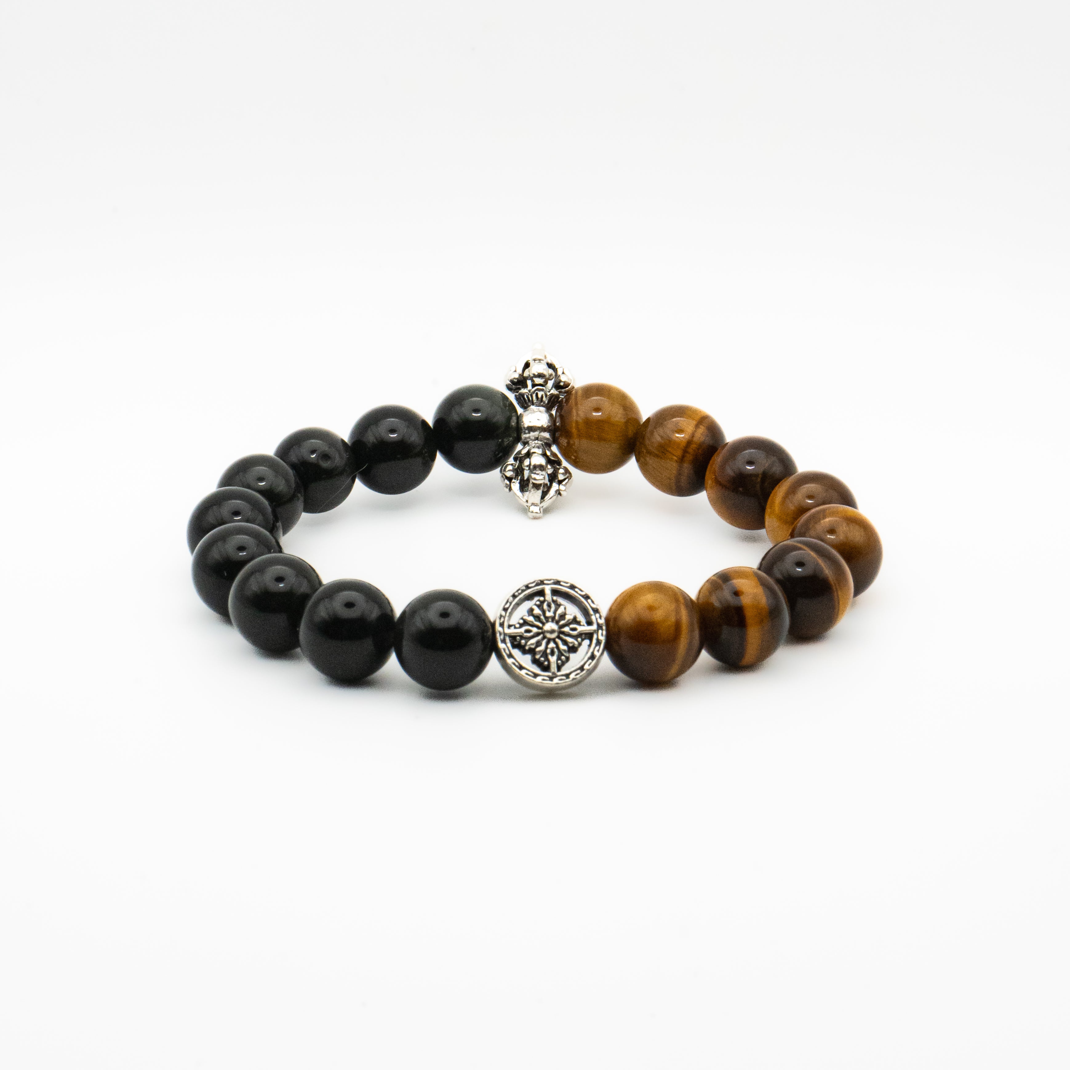 Yellow Tiger Eye and Silver Obsidian Single-loop Bracelet