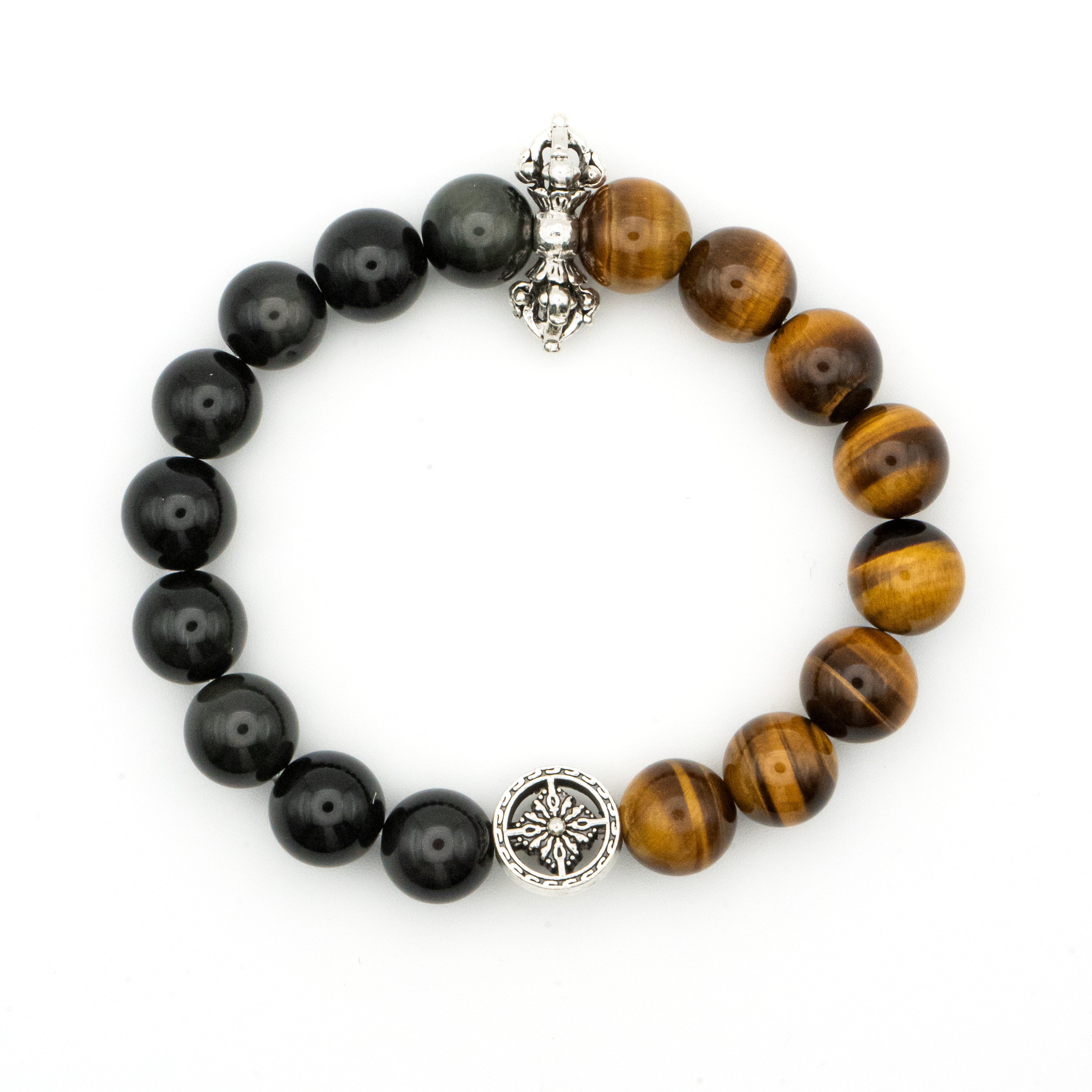 Yellow Tiger Eye and Silver Obsidian Single-loop Bracelet